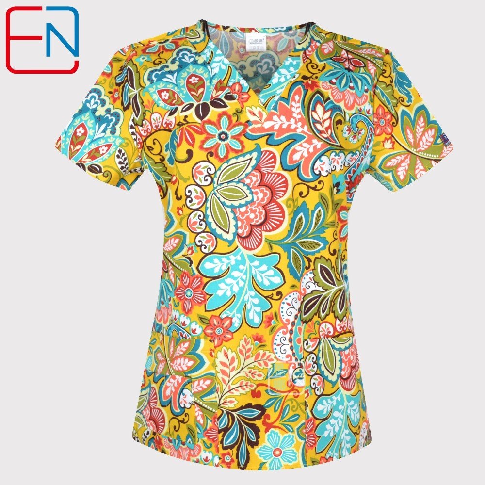 Brand medical scrub tops for women surgical scrubs,scrub uniform in 100% print cotton maotou series