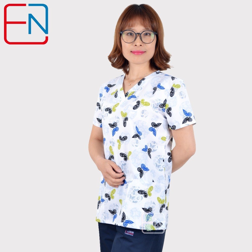 TC Lovely Print Medical Uniforms Women Breathable V-Neck Nurse Nursing Uniform Hospital Clinical Dental Doctor Scrub Top