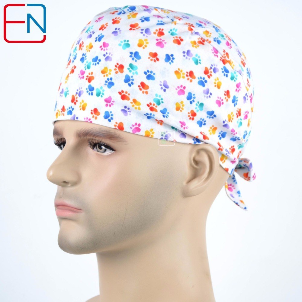 Unisex medical caps in white,doctor caps with foot prints,dentist caps in 100% cotton