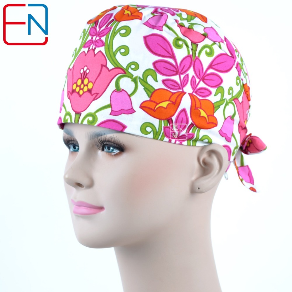 long hair scrub hats for female  100% cotton print  fibre  with sweatband