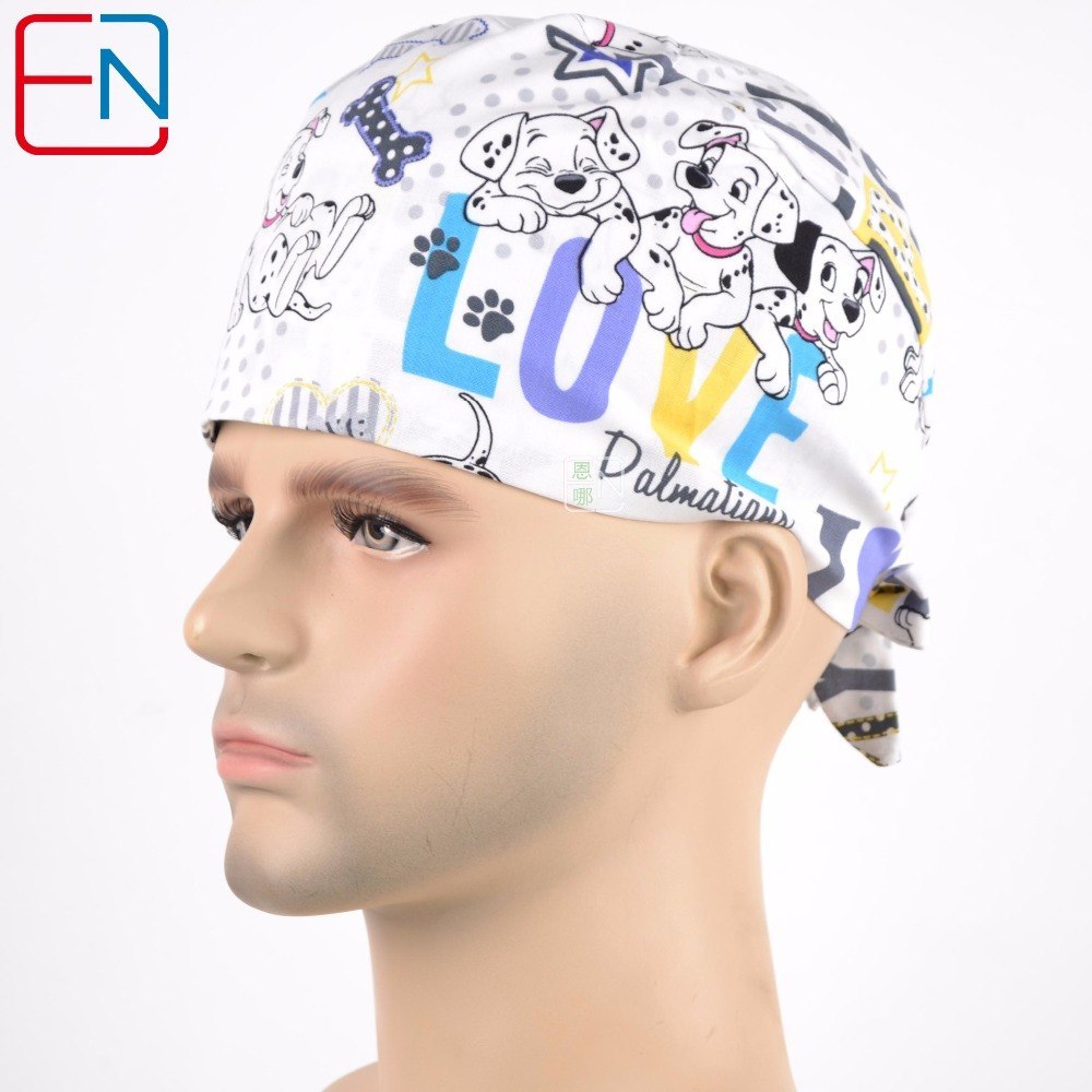 unisex surgical hats in white with puppy 