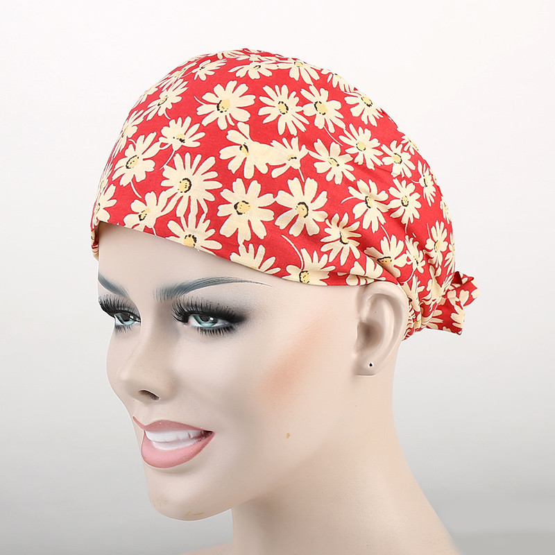 surgical scrub caps ,lab caps, 100% cotton in red with  flowers