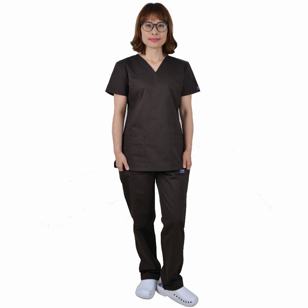 Hennar Solid Color Medical Scrub Uniforms,Brown Surgical Uniforms Sets