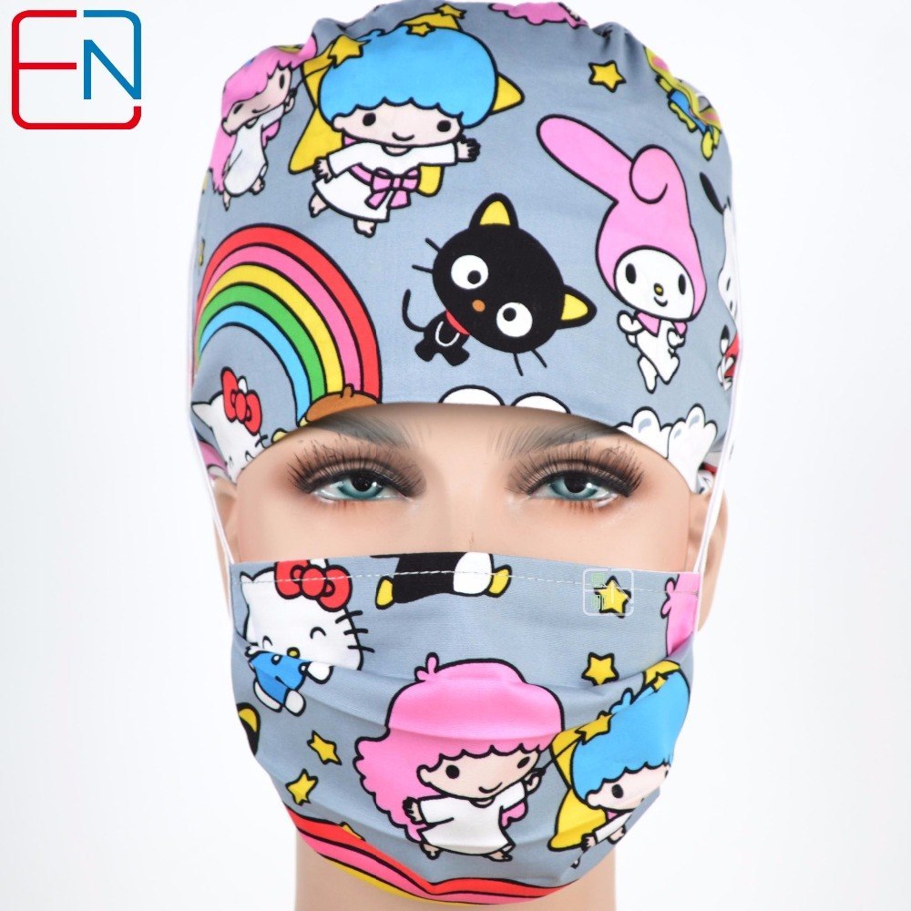 New Surgical Caps Medical Newly Surgical Scrub Caps Mask For Men Women With Sweatband 100% Cotton Medical Caps Printed Unisex