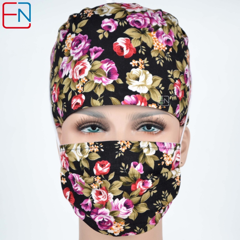 women surgical caps in black with pretty rose flower 100% cotton medical caps