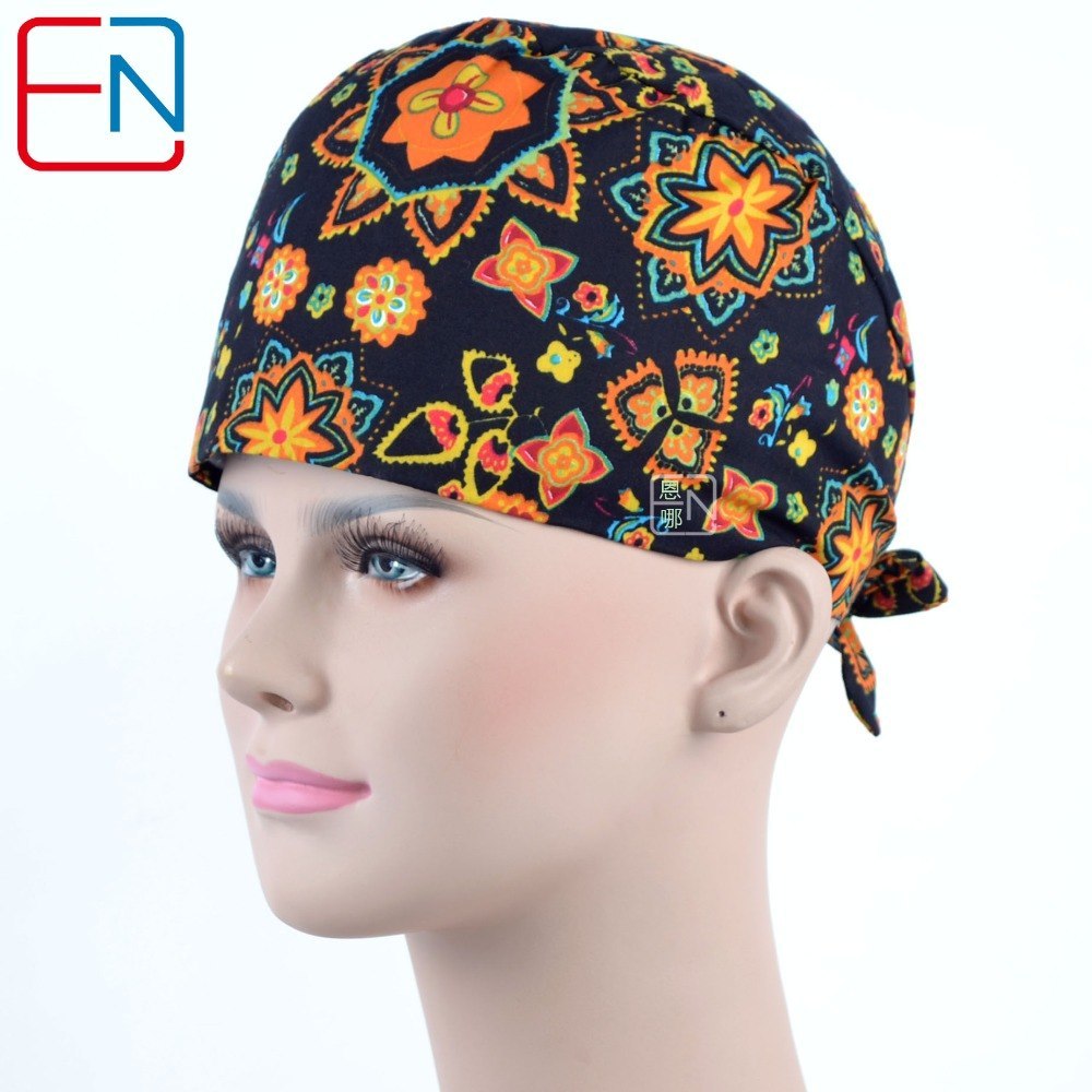 Long hair medical caps in light blue with fished pattern