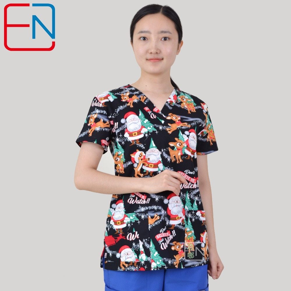 Brand medical scrub tops for women surgical scrubs,scrub uniform in 100% print cotton Christmas series
