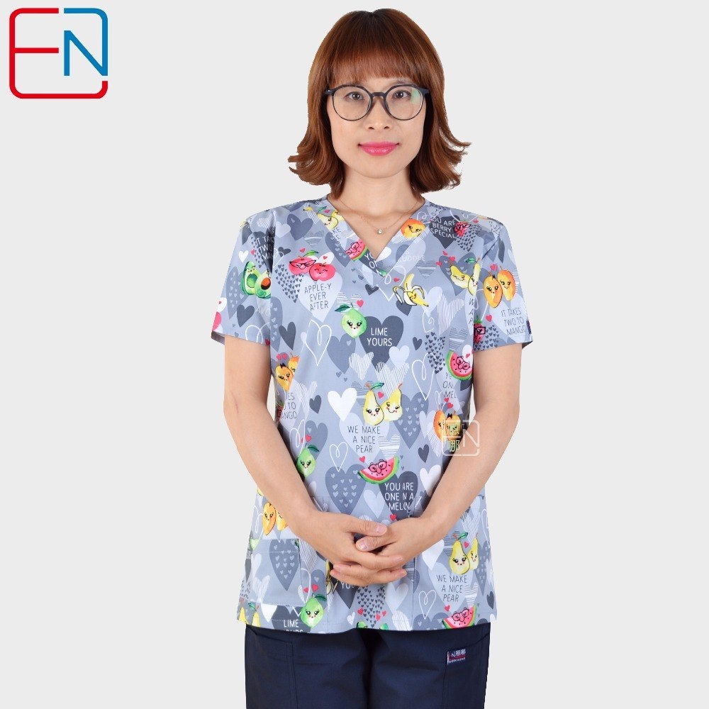 181008 NEW Hennar women scrub top with V neck 100% cotton flowers scrub uniforms  XXS-XXXL