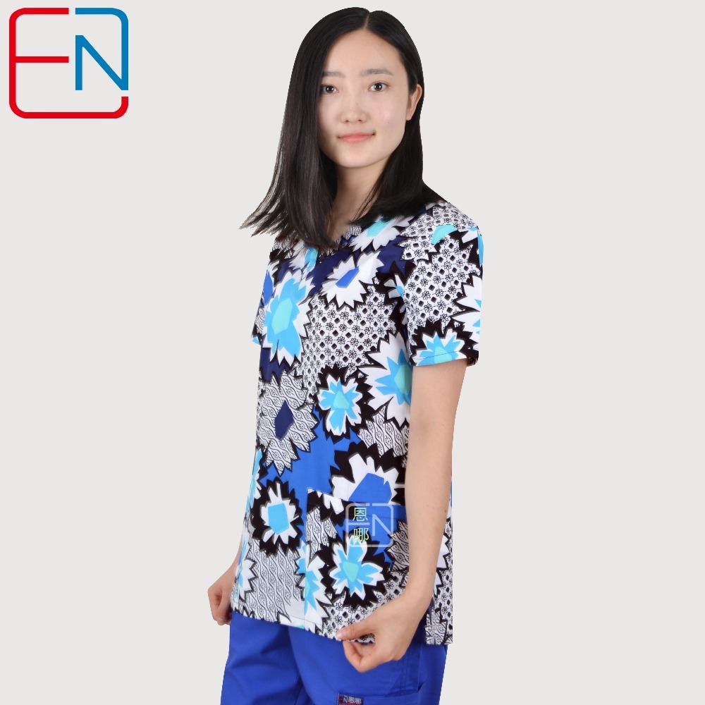Brand medical scrub tops for women surgical scrubs,scrub uniform in 100% print cotton maotou series
