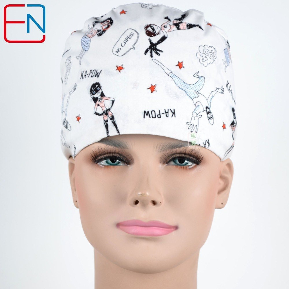 NEW COTTON Scrub Caps Mask WOMEN Hospital Medical Hats Cartoon Print Tieback Adjustable Cotton WOMEN Surgical Caps Masks