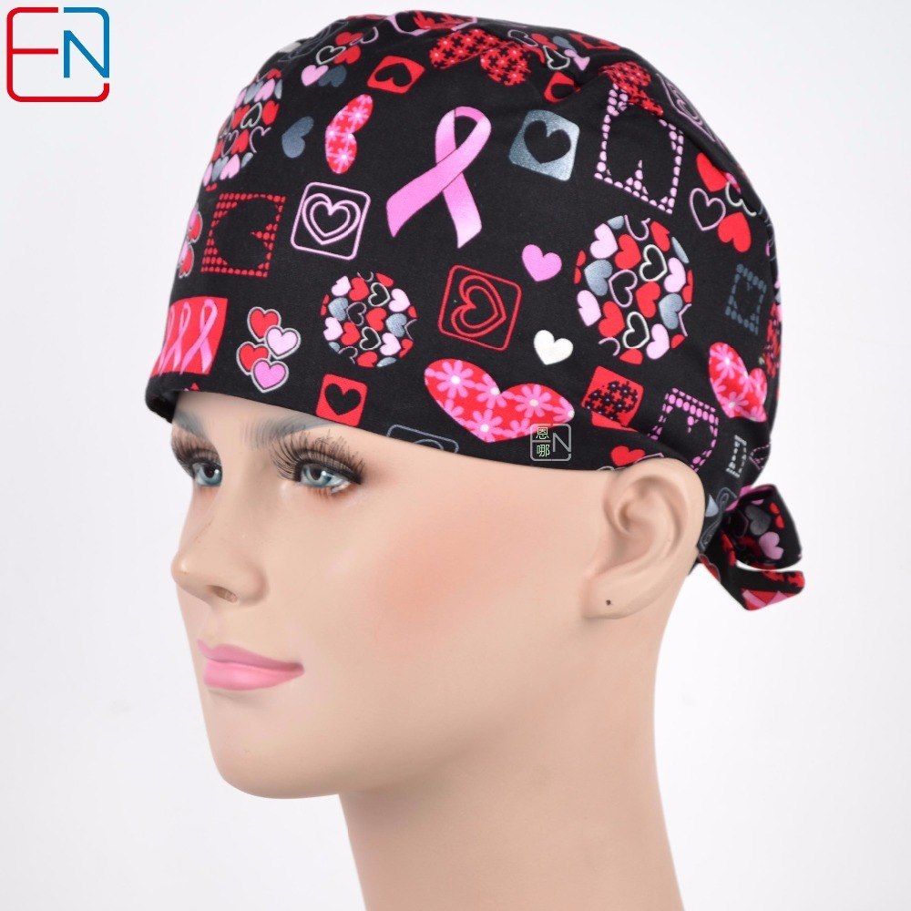 women surgical caps in black with pink ribbons