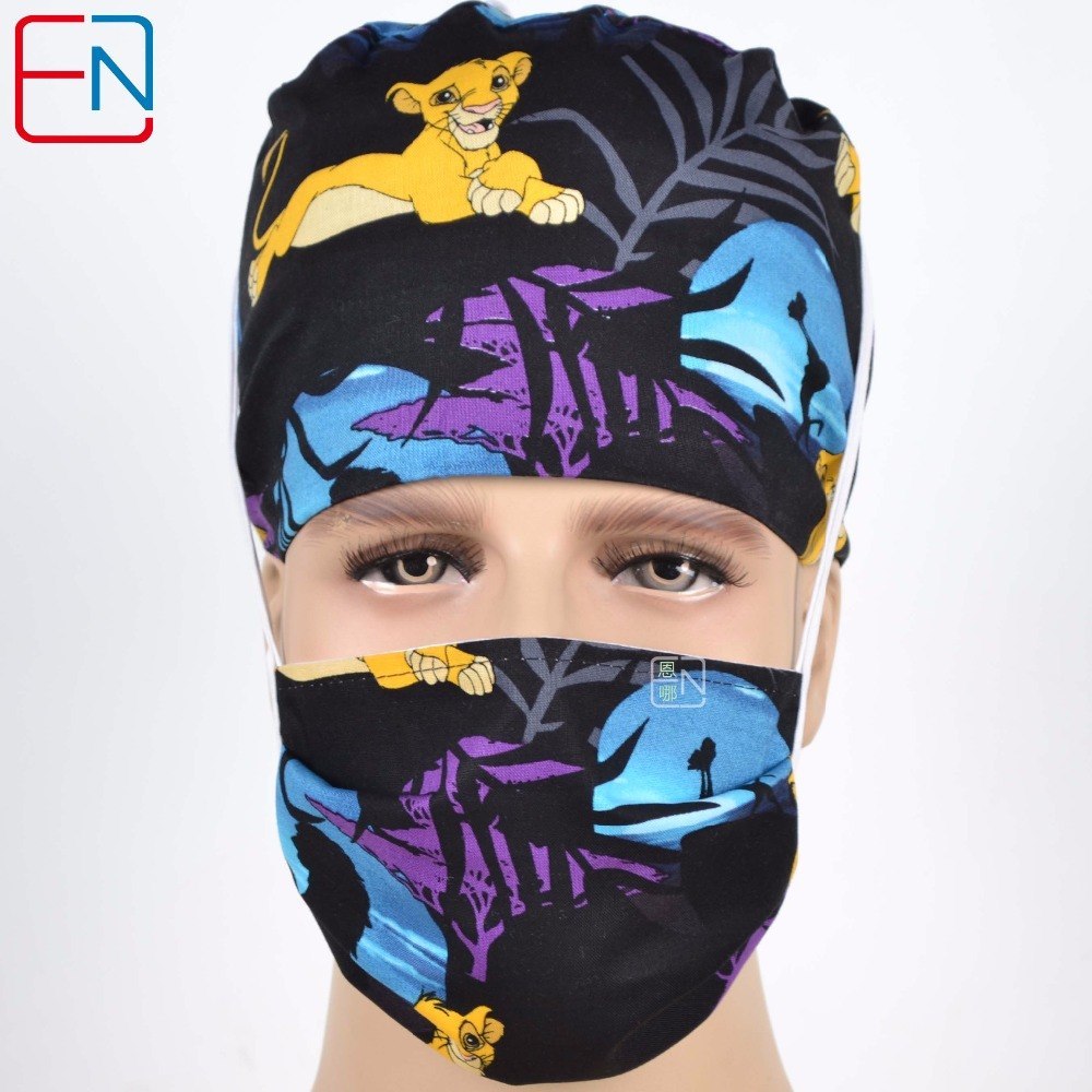 New Surgical Caps Medical Newly Surgical Scrub Caps Mask For Men Women With Sweatband 100% Cotton Medical Caps Printed Unisex