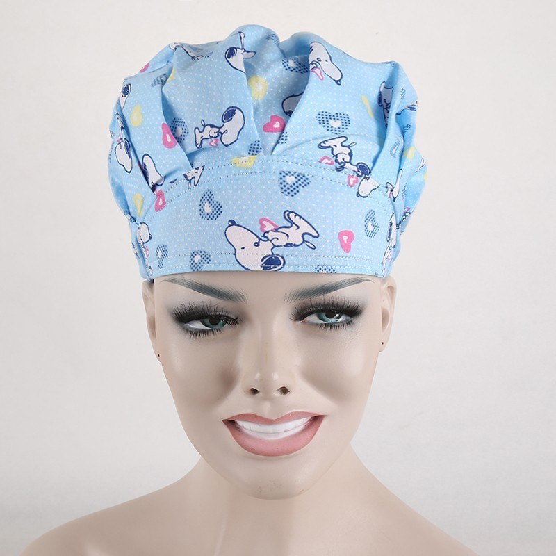 one size adjustable medical bouffant caps in white with doggie