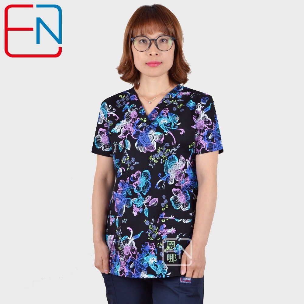 Women Scrub Tops Medical With V Neck 100% Cotton Surgical Short Sleeve Cartoon Print 2018 High Quality Scrubs Top Female