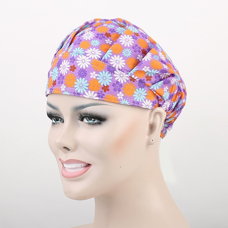 surgical bouffant caps in purple with daisy