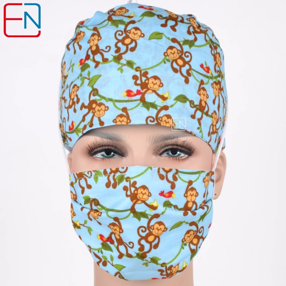 doctor caps in light blue,surgical caps men,with monekys on the branches