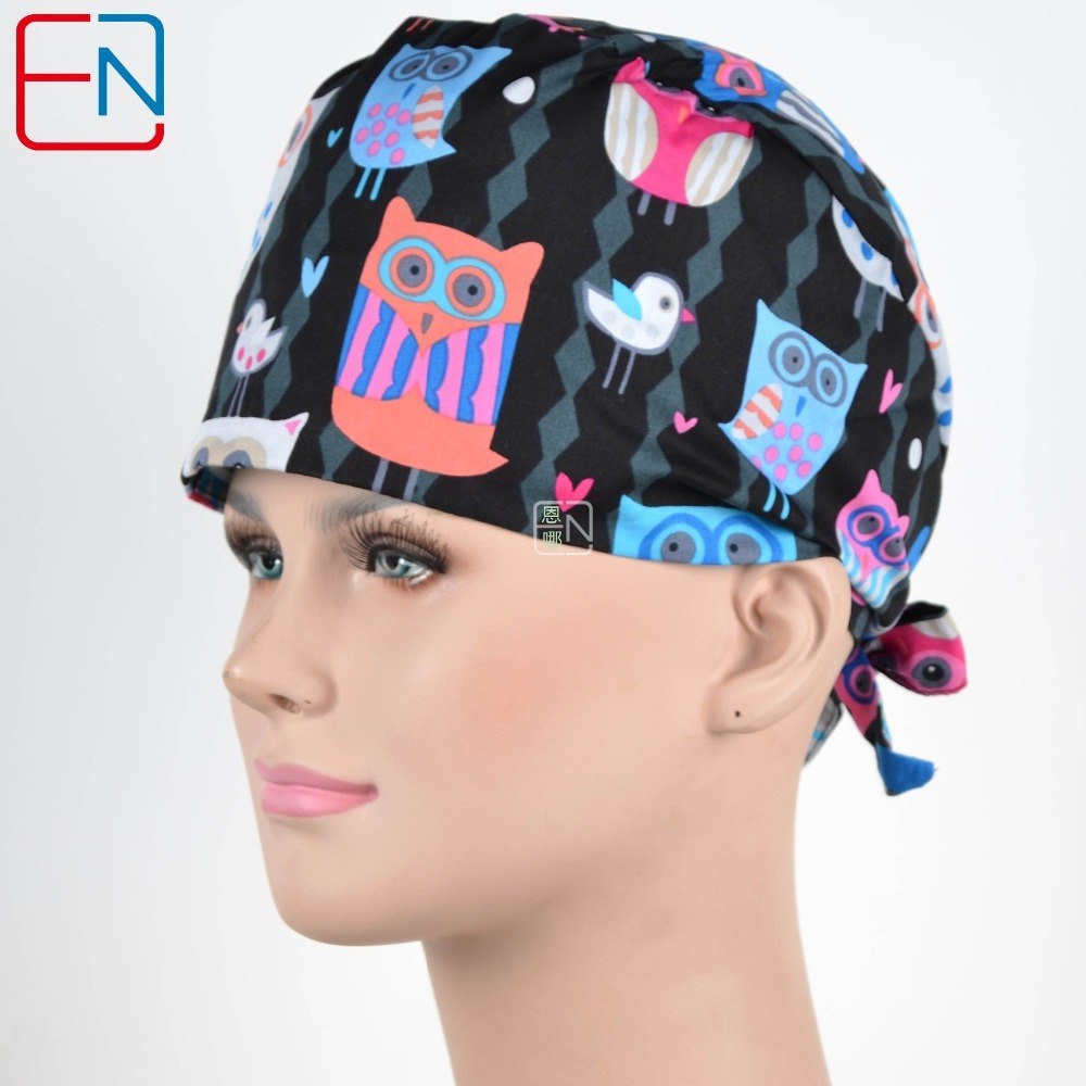 New Cotton Scrub Caps Mask WOMEN Hospital Medical Hats Cartoon Print Tieback Adjustable Cotton WOMEN Surgical Caps Masks