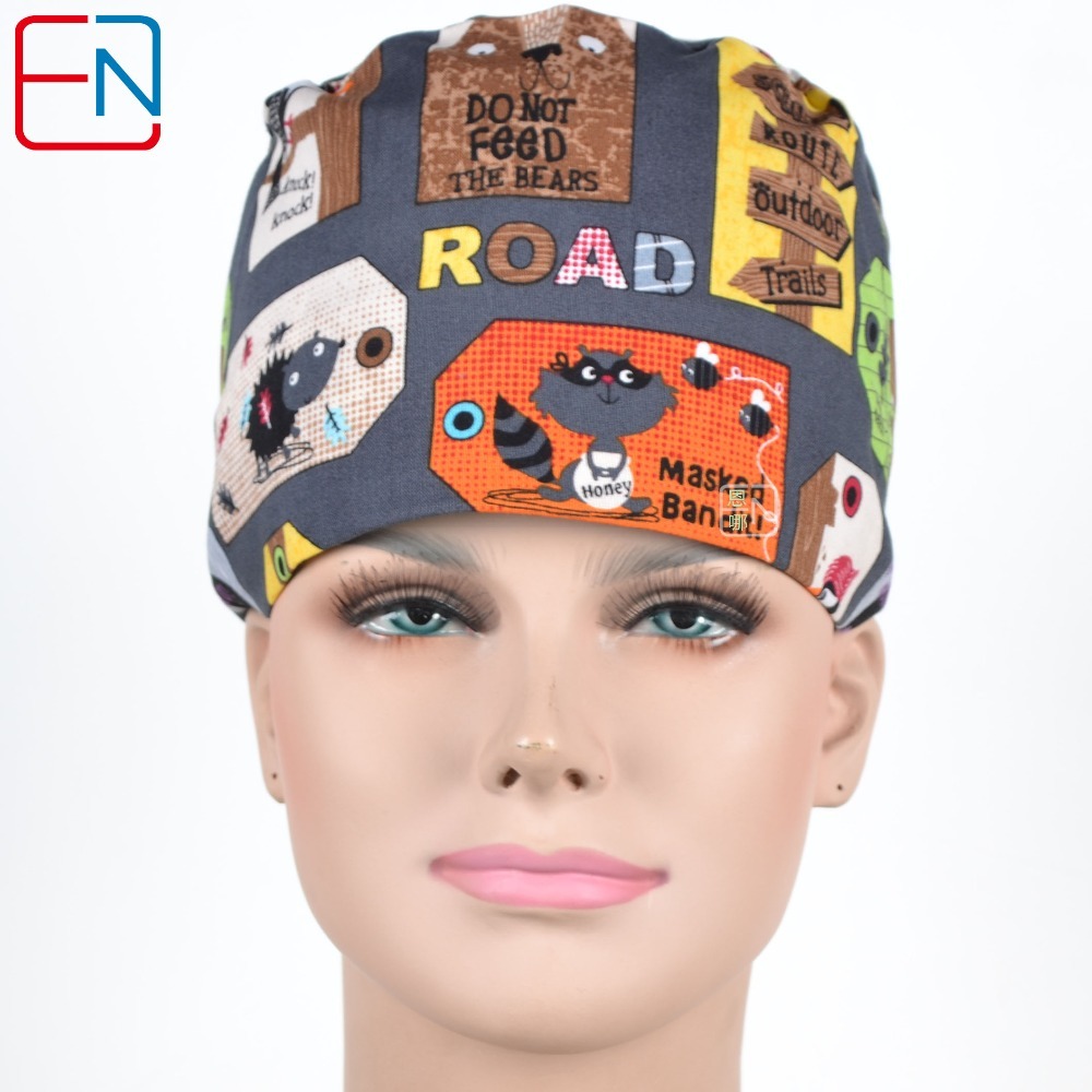 New Cotton Scrub Caps Mask WOMEN Hospital Medical Hats Cartoon Print Tieback Adjustable Cotton WOMEN Surgical Caps Masks