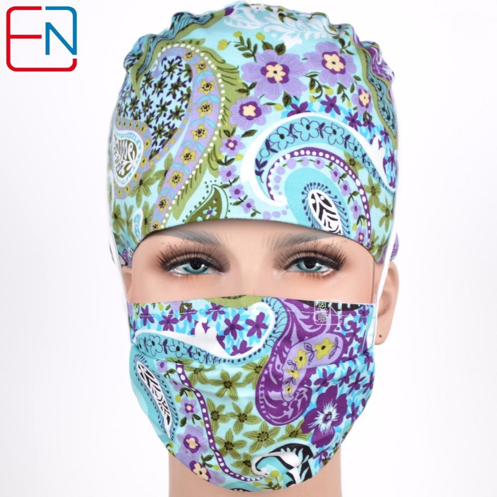 Factory Sales directly big sales medical scrubs in different patterns ,surgical caps 3 sizes scrub caps Qingyezihua