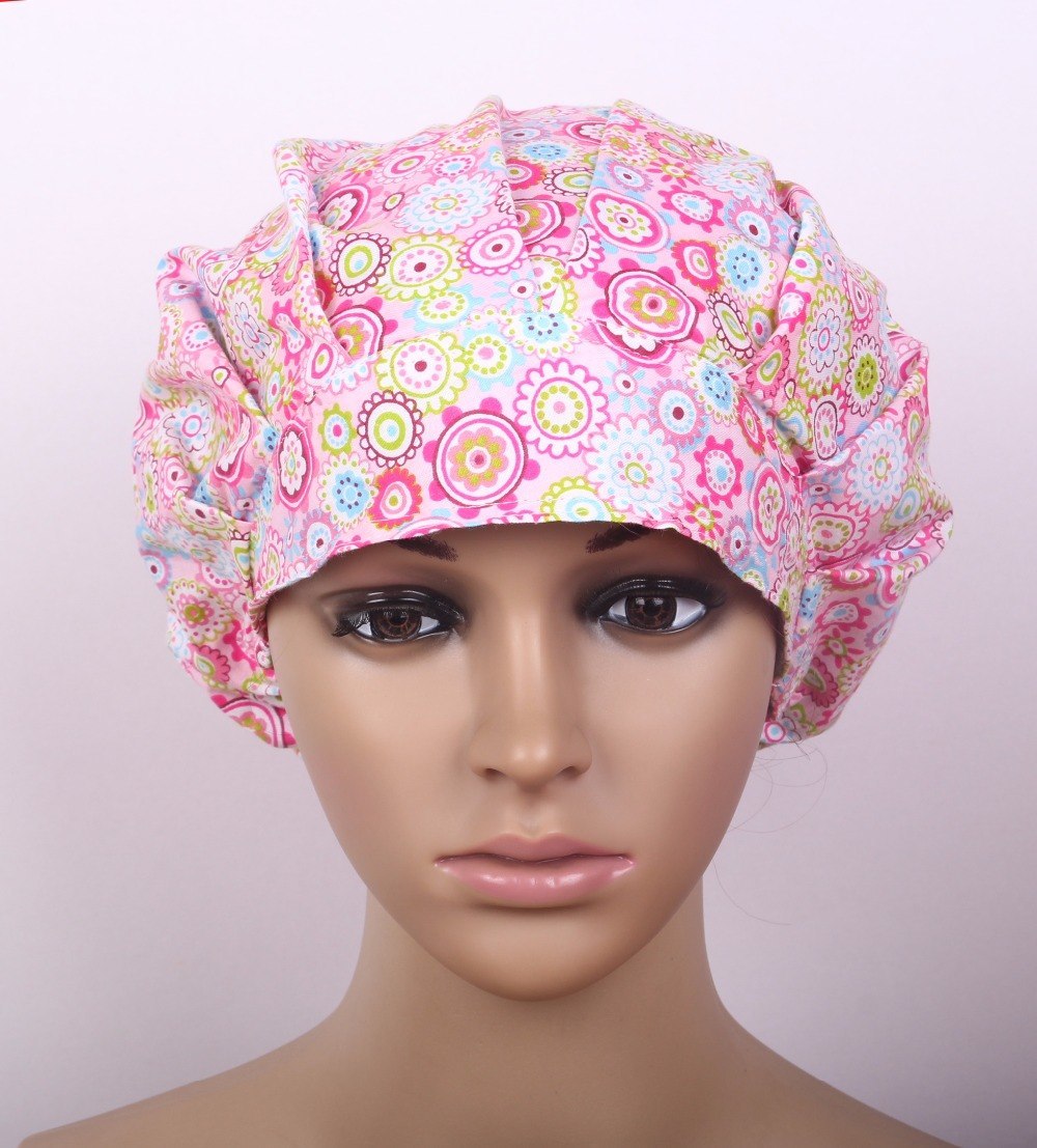 medical bouffant caps in cotton in pink with small daisy surgical bouffant