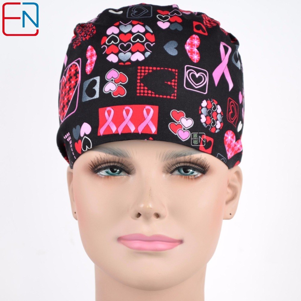 women surgical caps in black with pink ribbons