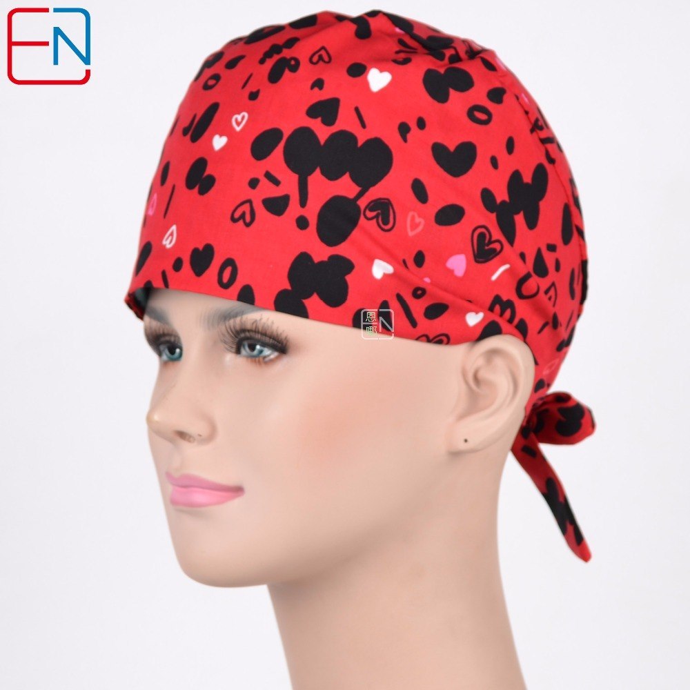 10 Prints women surgical caps in red with black hearts