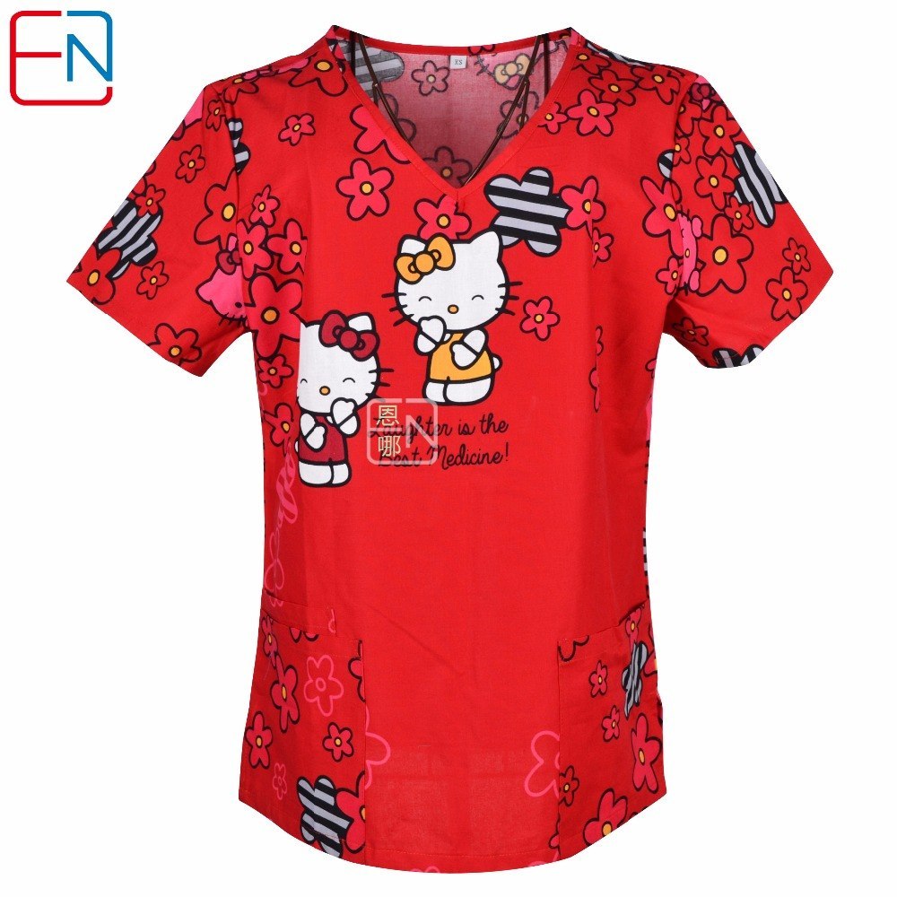 Brand heart neck, medical scrub tops surgical scrubs,scrub uniform 100% print cotton medical uniforms engineered print piece cut
