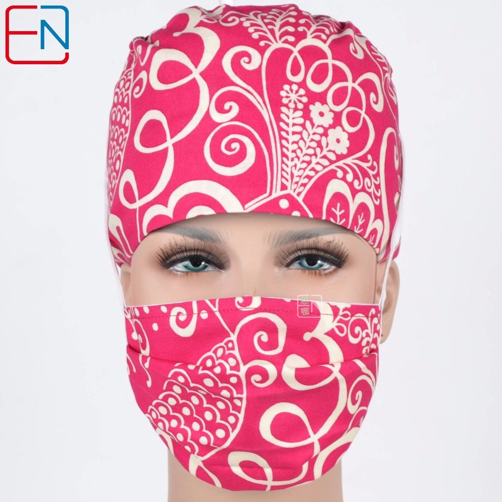 female medical scrub caps in rose red with big flowers