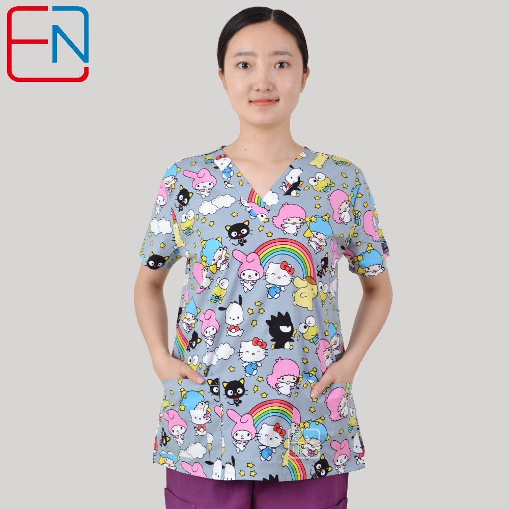 Brand medical scrub tops for women surgical scrubs,scrub uniform in 100% print cotton maotou series