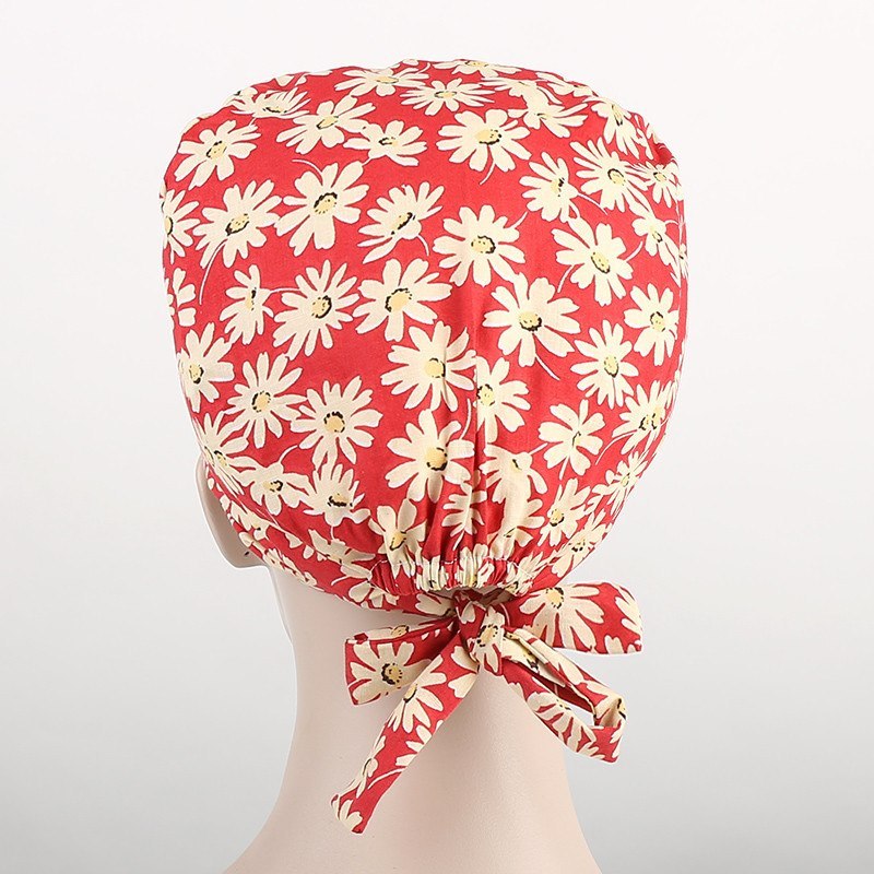surgical scrub caps ,lab caps, 100% cotton in red with  flowers