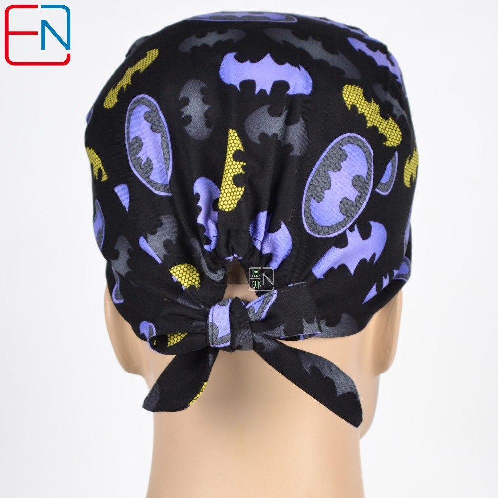 unisex surgical hats in black with bat pattern 3 sizes for choice to fit different hair length and head circumference