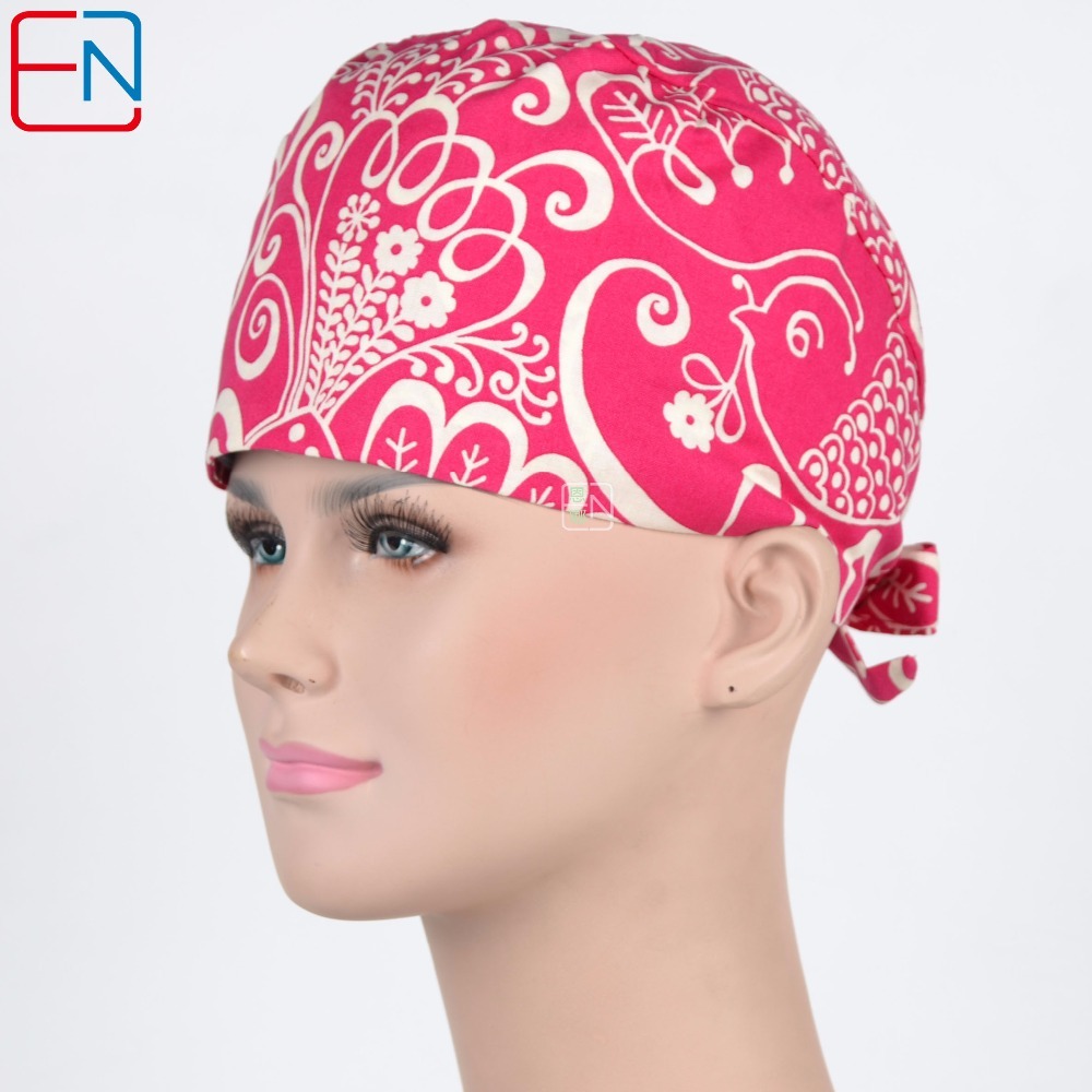female medical scrub caps in rose red with big flowers