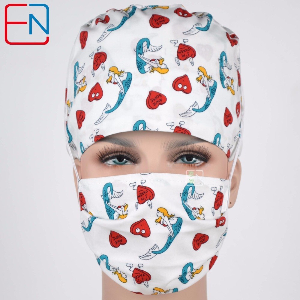 Women surgical caps in white with mermaid design