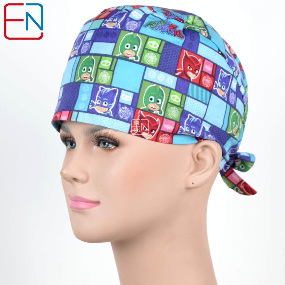 New Cotton Scrub Caps Mask WOMEN Hospital Medical Hats Cartoon Print Tieback Adjustable Cotton WOMEN Surgical Caps Masks