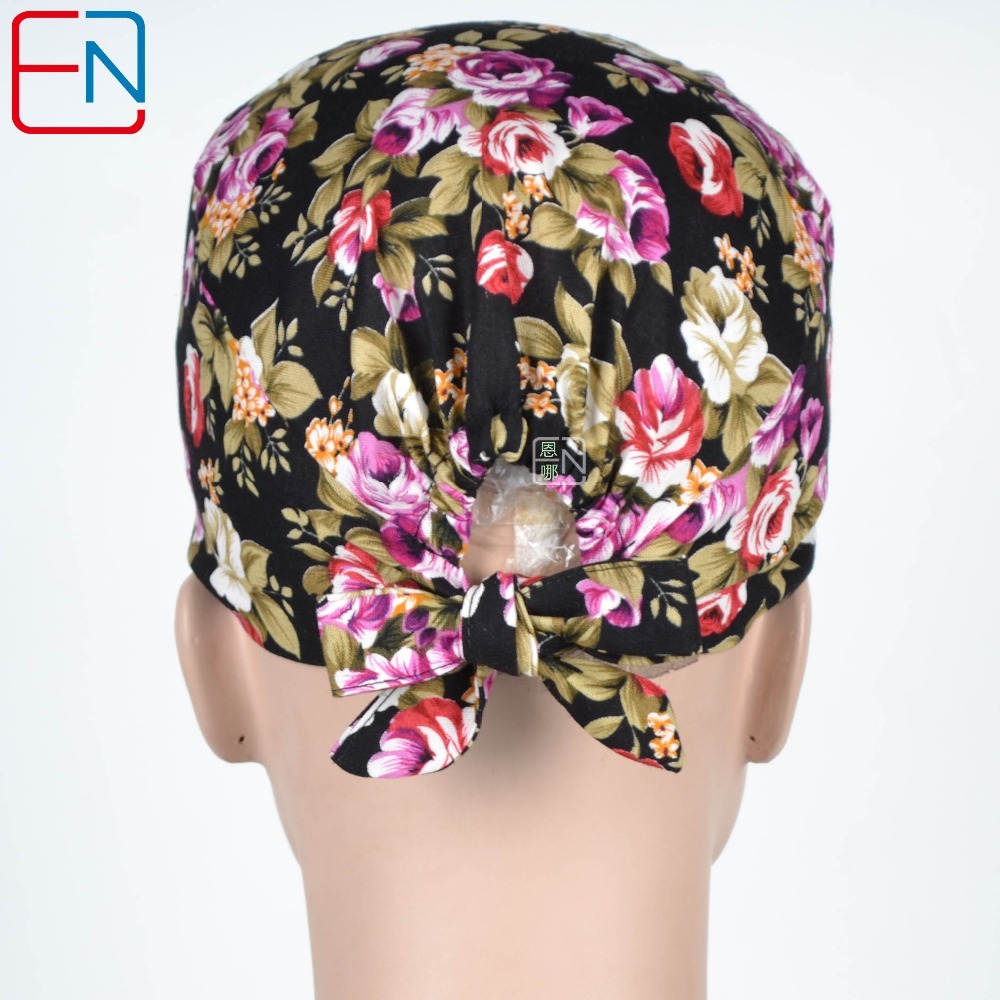 women surgical caps in black with pretty rose flower 100% cotton medical caps