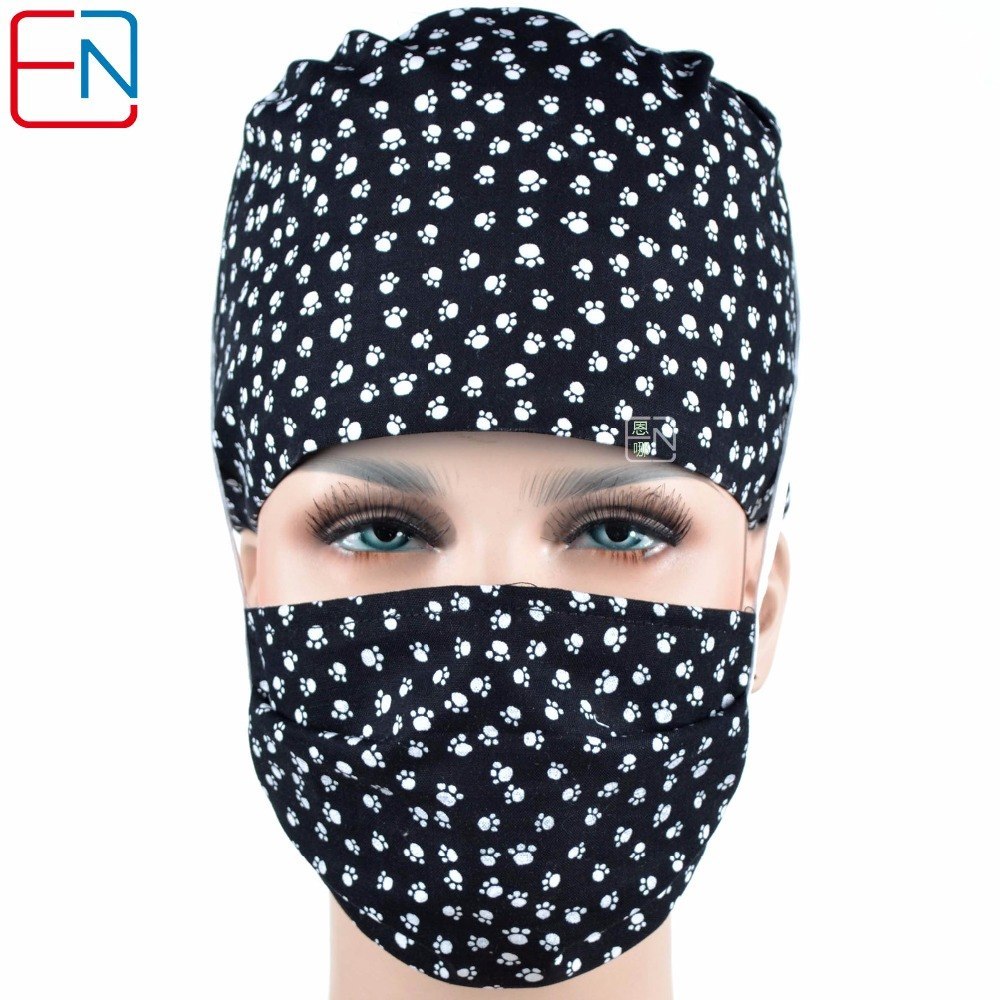 Hennar brand medical caps surgical scrub caps in black with feet prints