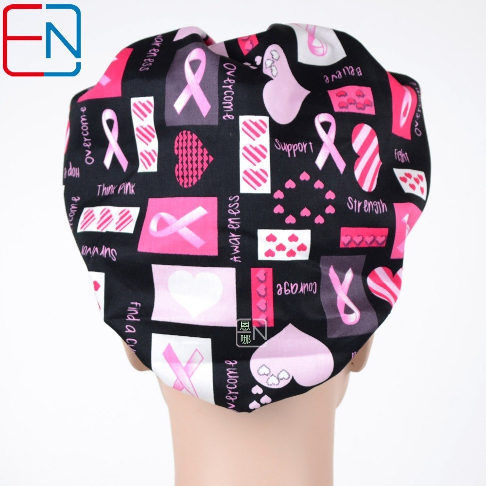 Surgical caps doctors and nurses cap and printed cotton cap long hair bouffant hat with hearts and ribbon