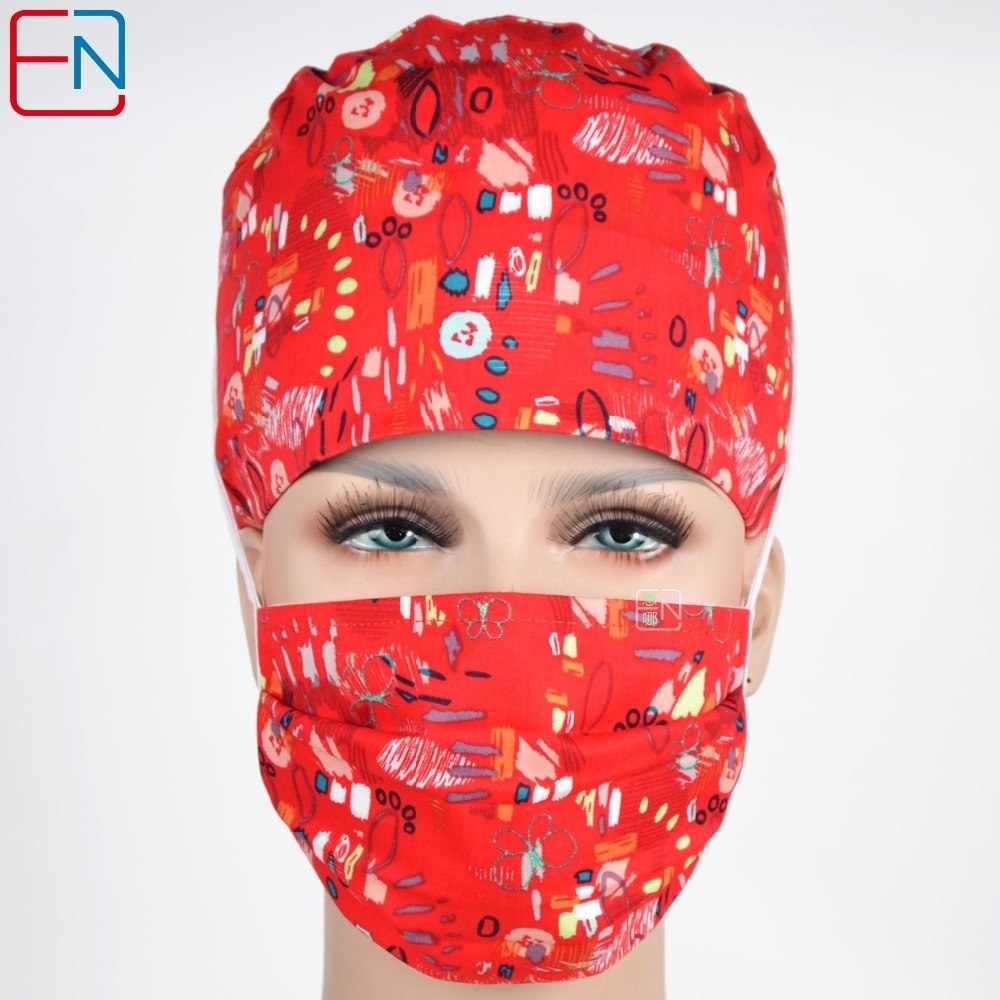 women surgical caps in red with butterflies