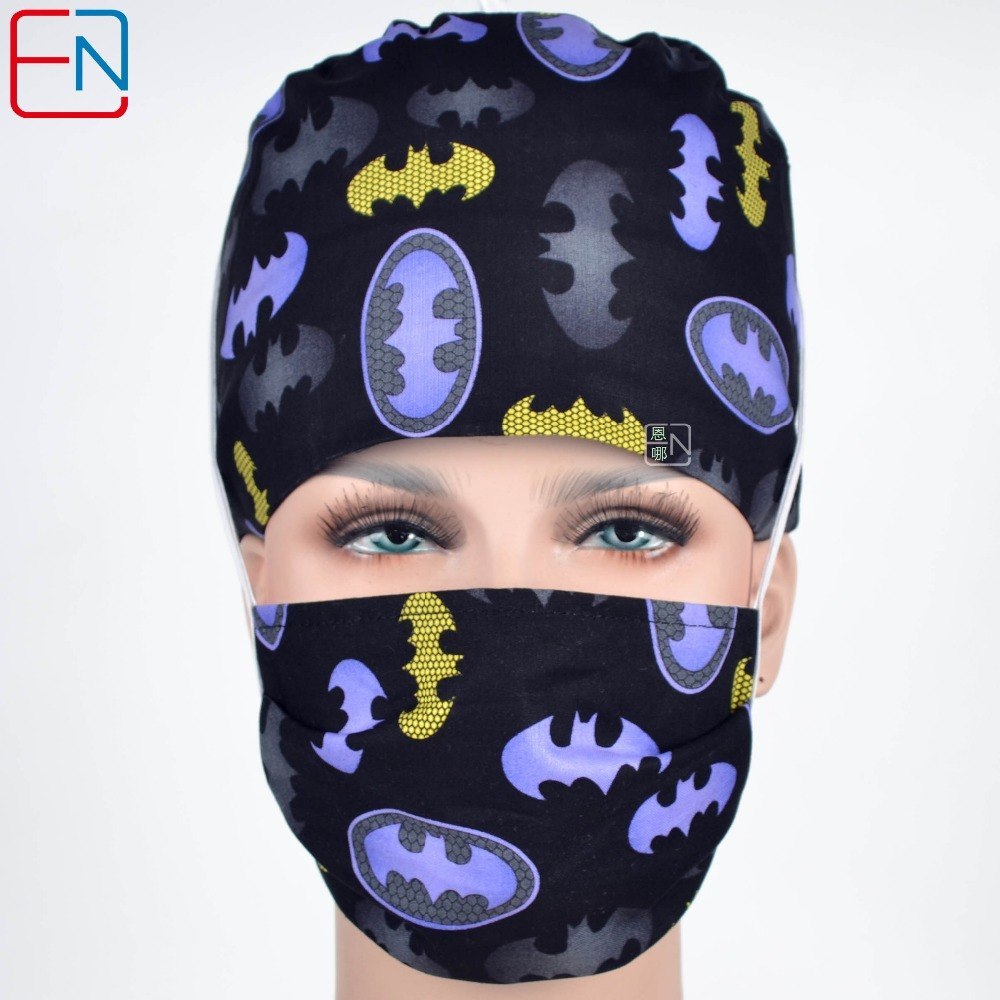 unisex surgical hats in black with bat pattern 3 sizes for choice to fit different hair length and head circumference