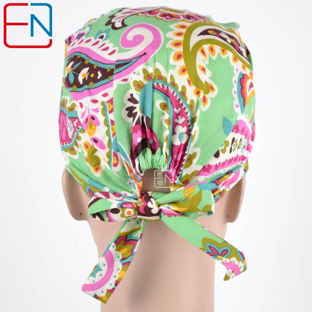 Matin long hair scrub hats for female  100% cotton print  fibre  with sweatband