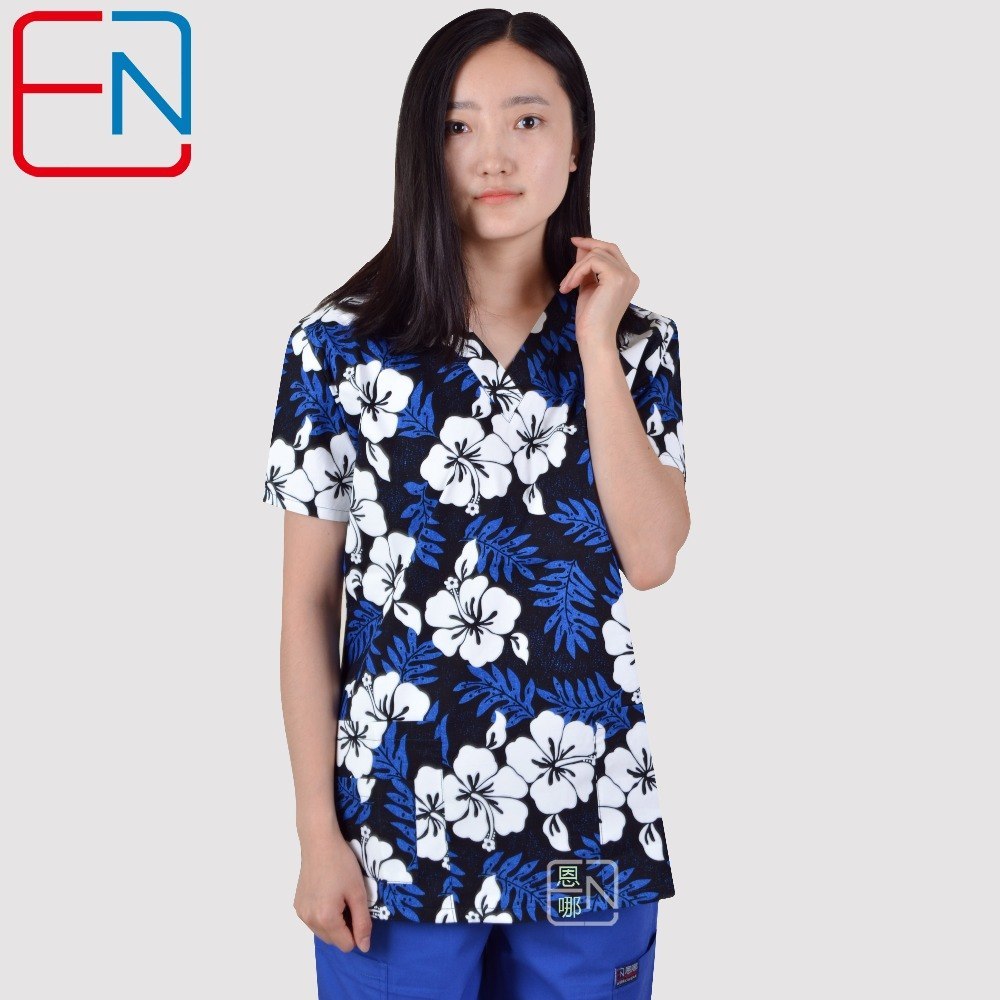 Brand medical scrub tops for women surgical scrubs,scrub uniform in 100% print cotton maotou series