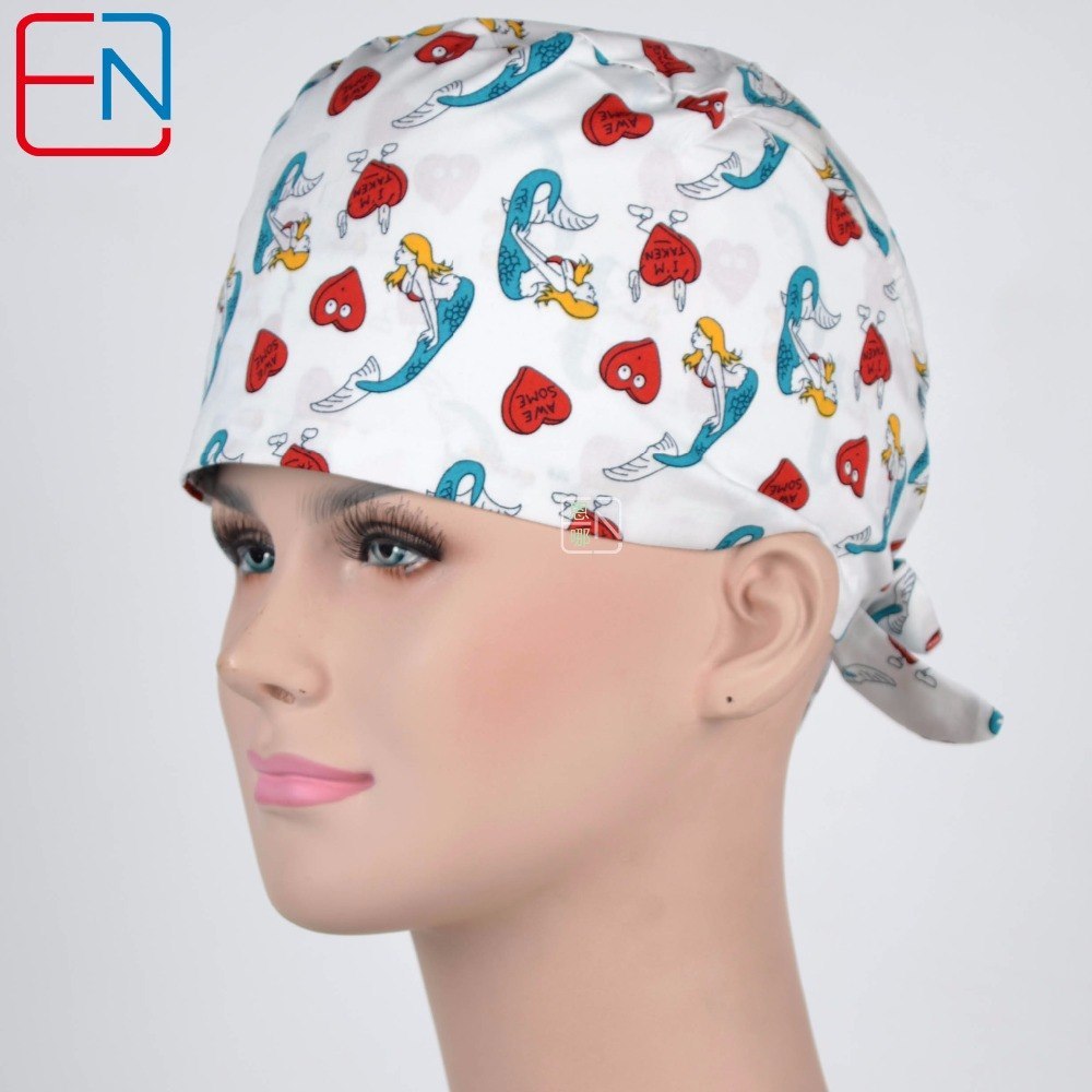Women surgical caps in white with mermaid design