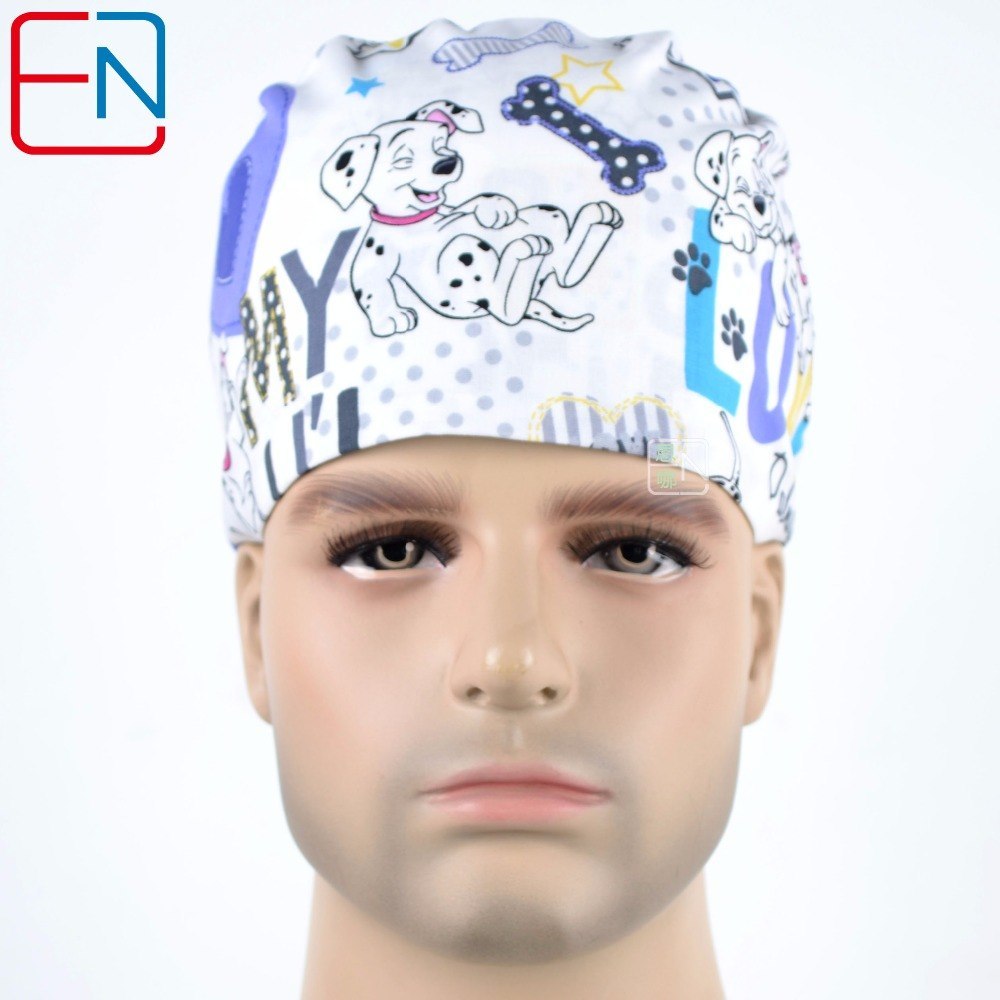 unisex surgical hats in white with puppy 