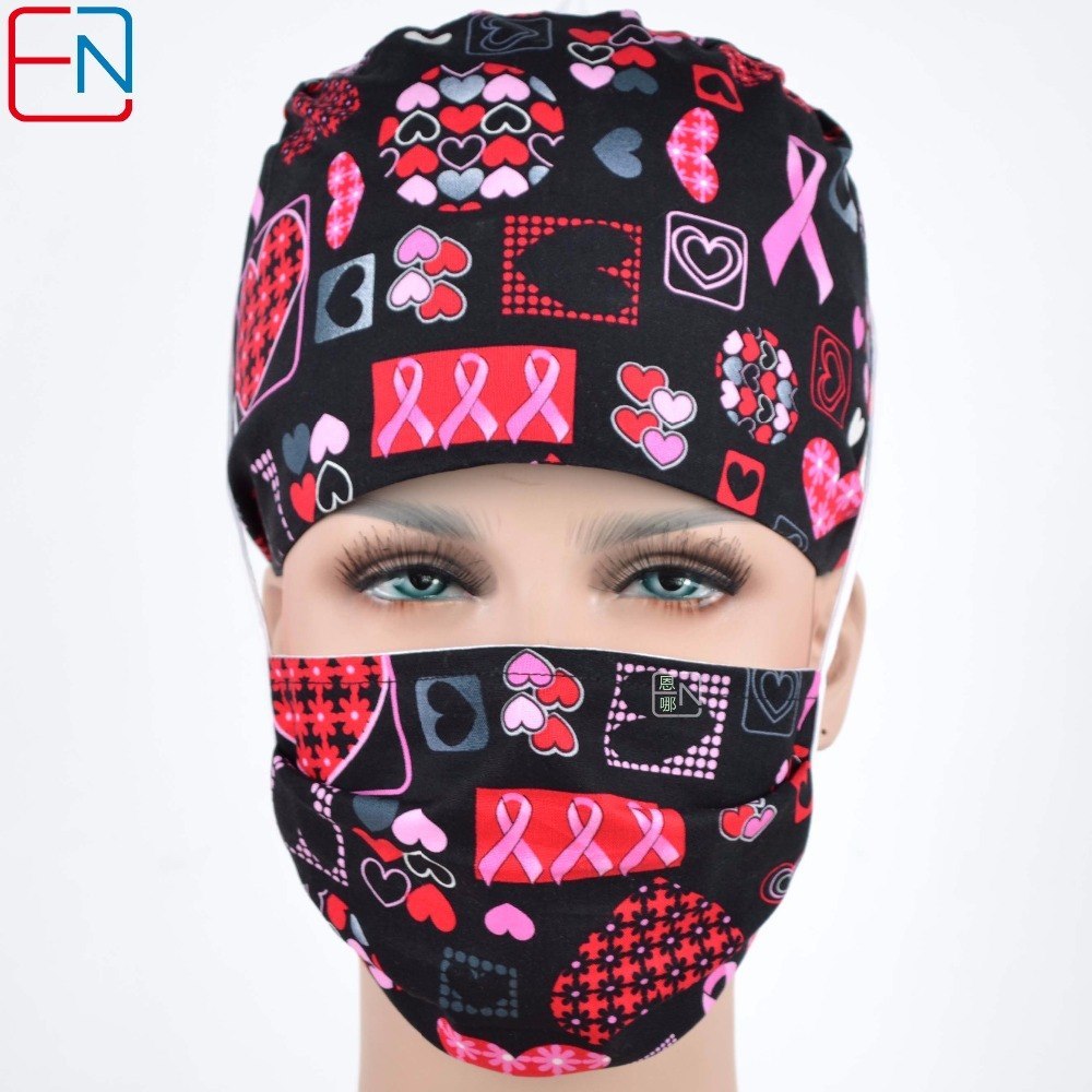 women surgical caps in black with pink ribbons