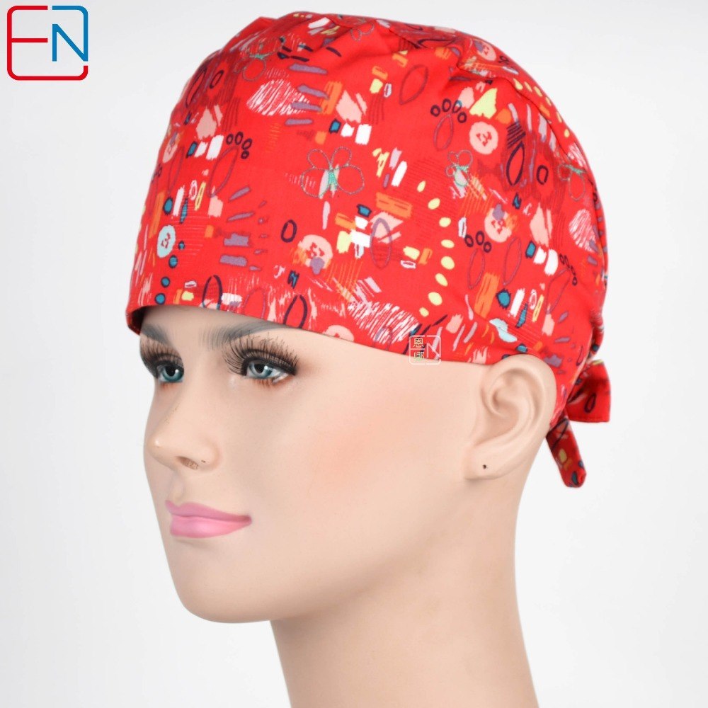 women surgical caps in red with butterflies