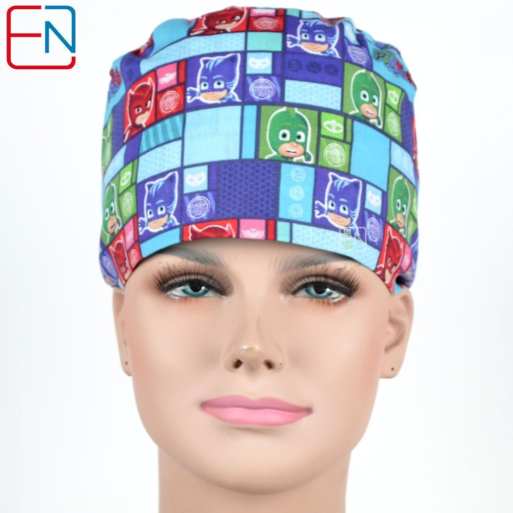 New Cotton Scrub Caps Mask WOMEN Hospital Medical Hats Cartoon Print Tieback Adjustable Cotton WOMEN Surgical Caps Masks