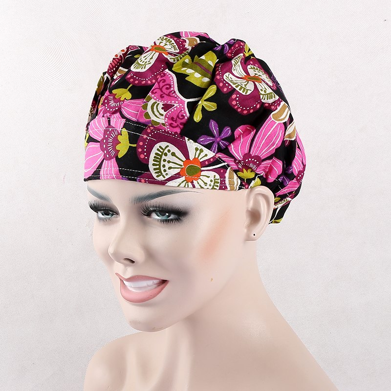 surgical scrub caps in black with pink flowers