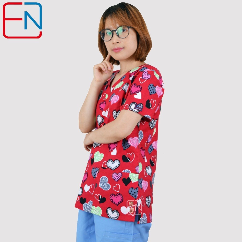 Brand medical scrub tops for women surgical scrubs,scrub uniform in 100% print cotton maotou series ai xin