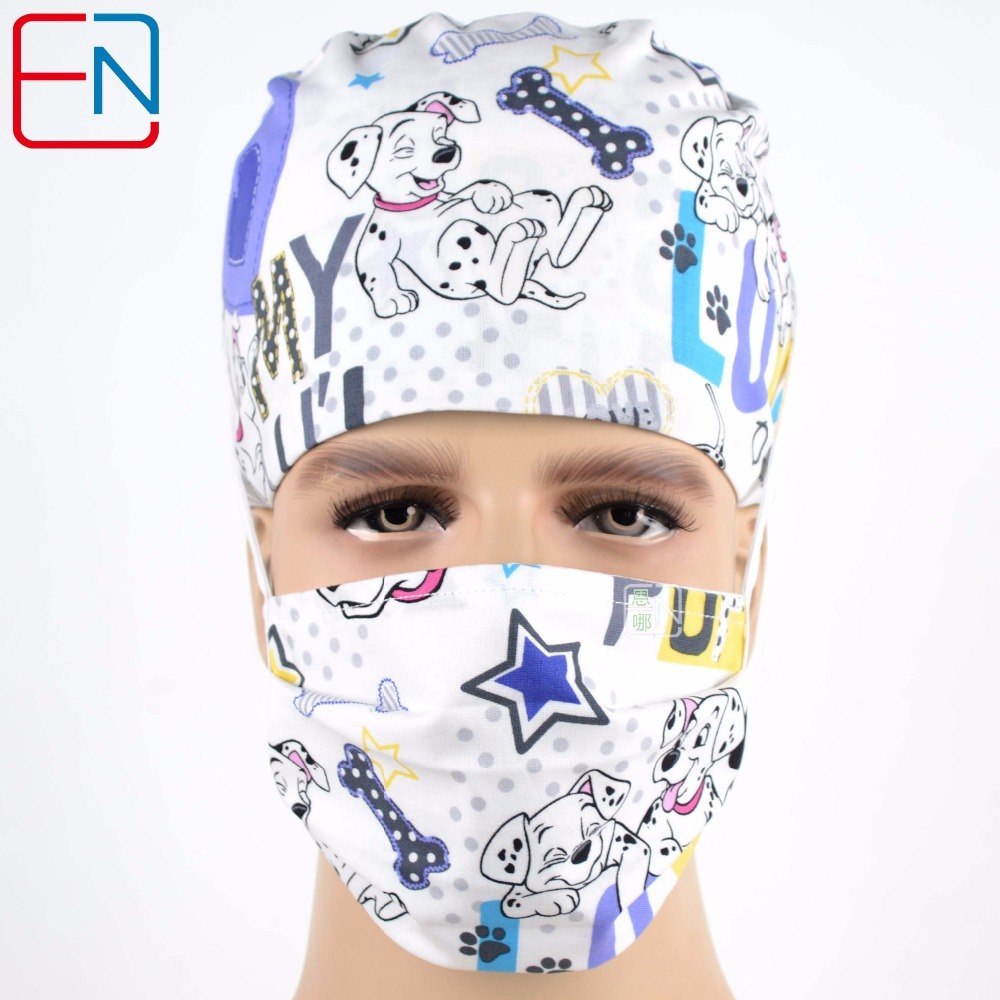 unisex surgical hats in white with puppy 