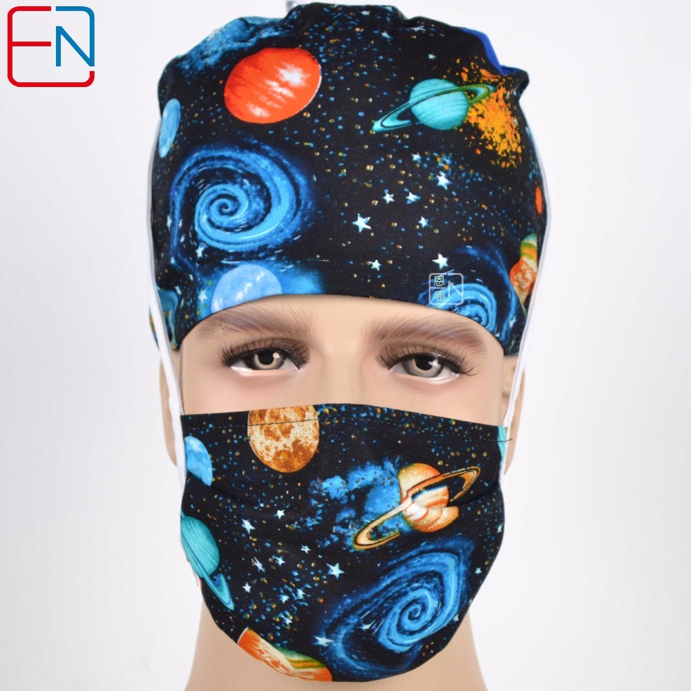 New Surgical Caps Medical Newly Surgical Scrub Caps Mask For Men Women With Sweatband 100% Cotton Medical Caps Printed Unisex